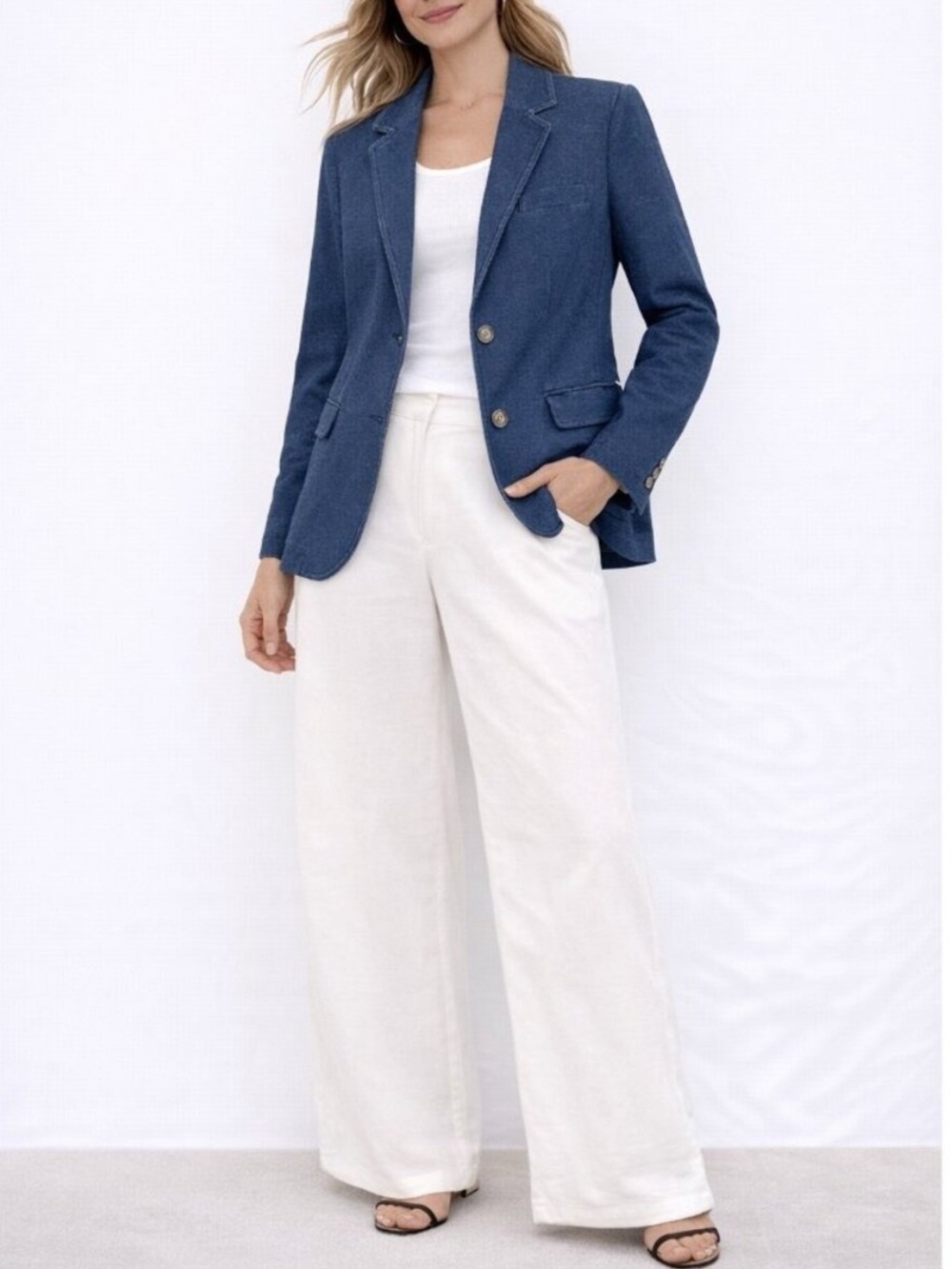 Talbots Stretch Knit Blue Denim Look Cotton Blazer Jacket Size XL